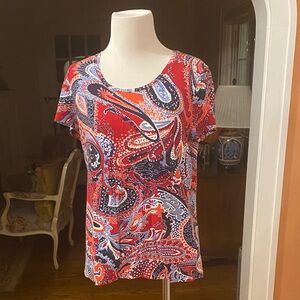 Talbots Red and Blue Paisley Short Sleeve Top